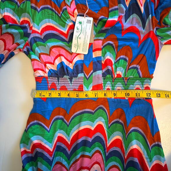 Boden NEW Smocked Ivy Midi Dress Womens Size 2 2R Abstract Wave Colorful Pockets - Picture 11 of 12
